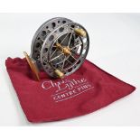 A fine Chris Lythe “Scotton Long Trotter” alloy centre pin reel, 4 ½” x 1” wide ventilated 6 spoke