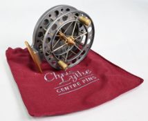 A fine Chris Lythe “Scotton Long Trotter” alloy centre pin reel, 4 ½” x 1” wide ventilated 6 spoke