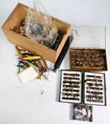 Fly tying materials including a vice, silks, small number of feathers, Salter scales, wooden box and