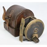 C Farlow Maker, 191 The Strand London, brass plate wind reel, 3” wide spool, large domed handle,