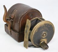 C Farlow Maker, 191 The Strand London, brass plate wind reel, 3” wide spool, large domed handle,