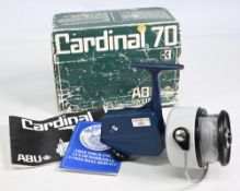 ABU Cardinal 70 fixed spool reel in blue finish, foot stamped 770500, optional check, rear adjuster,
