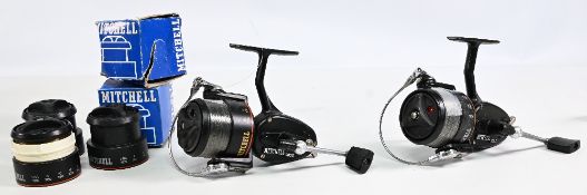 2x Mitchell 300S fixed spool reels both feet stamped 248209, LHW examples, rear adjusters, in good