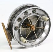 Allcock Aerial 4 ½” alloy centrepin reel with 8 perforations to face, twin handle, smooth brass