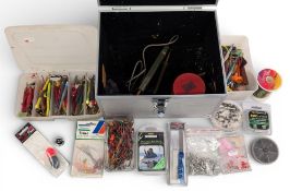 Metal Fishing Tackle Case, with contents of weights, swivels flying ‘C’, sea line, trace, hook file