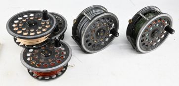 2x J W Youngs & Sons 1540 series alloy salmon fly reels 4 ¼” dia’ plus 3x spare spools – signs of