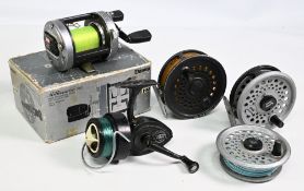 4x Various Reels to include Daiwa Millionaire 6hm multiplier reel foot marked 180430, double