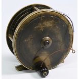 Army & Navy, Victoria Street, London, brass plate wind salmon fly reel, 3 ¾” wide solid spool, large
