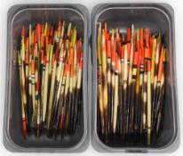 Large collection of porcupine quills ranging 3 ½”-7”, most with metal loop line attachment, multi