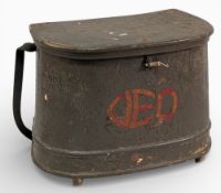 Period Wooden Fishing Tackle Box/Seat, painted green with a leather strap, initials of JED to front