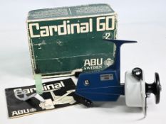 ABU Cardinal 60 fixed spool reel in blue finish, foot stamped 761100, optional check, rear adjuster,