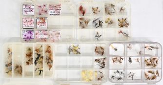 5x small clear sectioned fly boxes with a large quantity of small dry and wet flies (over 180)