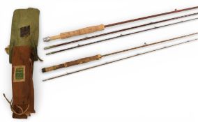 Glass fly rod 9ft 3pc No H5123 with Hardy alloy reel seat and assorted rings. In Hardy cloth bag –