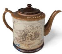 Victorian Piscatoribus Sacral Fishing Teapot Stoneware with sgraffito scenes of fishing line nets,