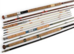 A collection of rods as follows: 1s unnamed solid glass spinning rod, 7ft 2pc, 19” handle, alloy
