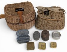 2x Wicker Fishing Creels and a collection of assorted bait tins, in fair used condition