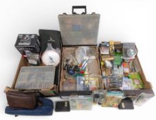 Collection of Fishing Accessories, Tools and Equipment: bite alarms, rubber artificial baits, tools,