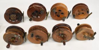 8x large Nottingham and Scarborough pattern wood/brass reels, 3 x starback reels 4 ½” diameters with