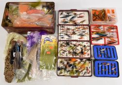 Box containing quantity of salmon and trout flies, including tubes and Waddingtons, a box of fly
