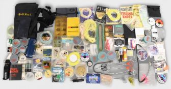 Fishing Tackle & Accessories: a box of assorted line, hooks, tools, weights - in need of some
