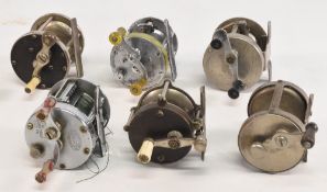 6x vintage multiplier reels, a Great Lake of Detroit reel S-30, with fishing scene side plates, an