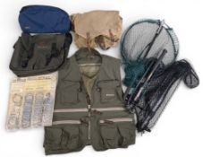 Fishing Tackle: to include a Snowbee fishing vest size L, 3x vintage shop cards of pole elastic,