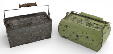 2x Period French Bait Tins, with wooden handles, galvanised and a painted green one, 18cm tall (2)