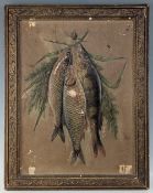 Antique Fishing Catch three embossed hanging fish Chromolithograph, with wear frame, size 37 cm x
