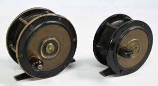 Unnamed brass and ebonite platewind centre pin reel, 4 ½” wide spool, large wood handle, constant