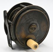 Hardy Bros 3 ½” Hercules all brass fly reel with rod in hand and oval logo, waisted perforated foot,