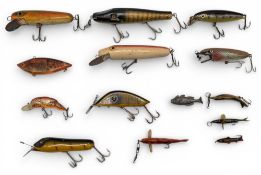 Period Fishing Plug Lures, with 2 named South Bend, and a plastic shallow floater, Cordell,