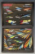 Pair of Rapala fishing plug lures shop display, assorted named lures glued to frame - size 30cm x