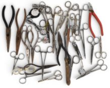 Mixed lot of scissors, disgorgers and forceps, pliers and cutters, small number of waistcoat tool