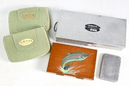 A collection of fly tackle boxes, as follows: 2x Oris floating fly boxes, 6” x 4” with magnetic