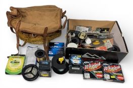 Fishing Accessories: vintage Brady fishing bag, with leather rim, assorted line, nylon and fly