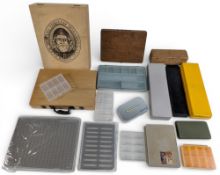 Collection of Fishing Tackle Boxes, Case, three large empty wooden cases, plastic trays Efgeeco,