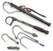 Period Fish Gaff and Gaff parts, two telescopic gaffs, one by Hardy, 4 heads, and a Hardy net