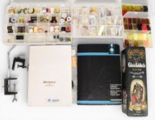 Fly Tying Accessories, as follows: 1x Vice in Glenfiddich tin. 2x 12-section dubbing boxes. 1x