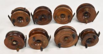 8x Nottingham wood/brass spine and strapback reels, sizes 3”-4”, one with ratchet, an alloy backed