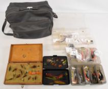 Mixed collection of salmon lures and flies, including many Flying C baits in packets, a few salmon
