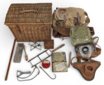 Period Wicket Fishing Basket/Seat with contents of rod waist support, net handle line winders, a