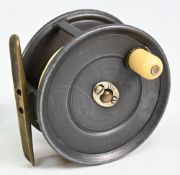 Early Hardy Patent Uniqua salmon fly reel, 3 ¾” diameter, oval drum latch stamped “Oil”, and