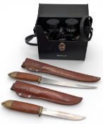 2x J Martini Finland Filleting & Bowie Brass Fish Headed Knives, with a pair of Tasco binoculars