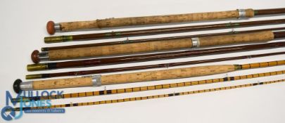 A collection of unnamed and named salmon fly rods, all with cloth bags: 14ft 3pc glass salmon rod,