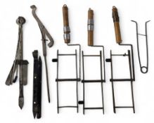 3x early wood handled folding metal line driers, sliding reel fittings plus some folding vintage rod