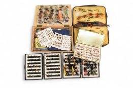 Collection of assorted trout/salmon flies, in wood and plastic boxes, plus a wallet, as per image