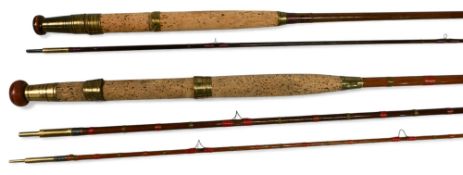 A W Gamage Ltd London green heart fly rod 11’ 3pc with 15” handle brass reel fittings and collars,