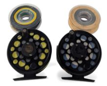 Pair of STH2 alloy fly reels made in Argentina, models MRPOP and MR Cassette, both 3 ¼