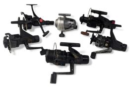 Six retro rear drag spinning reels, including DAM Quick CTE closed face reel, Silstar GXB bait