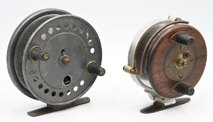 Unusual brass/alloy Nottingham style trotting reel with 4 screw Slater latch, brass line guide, side